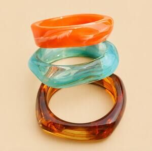Set of 3 Opaque Acrylic Chunky Bracelets Tortoise Shell Brown Aqua Orange